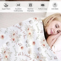 Aperturee - Aperturee Personalized Baby Blanket with Name Boho Pink Floral Rose Pattern Swaddle Custom Girl Nursery Bedding Gift