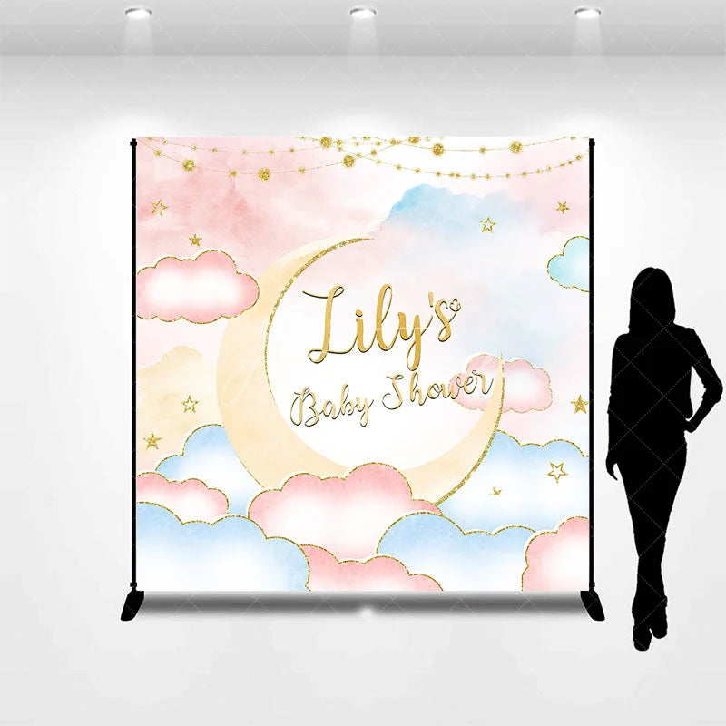 Aperturee - Aperturee Personalized Baby Shower Custom Backdrop Dreamy Pastel Pink and Blue with Gold Glitter Moon and Stars