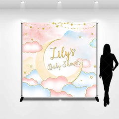 Aperturee - Aperturee Personalized Baby Shower Custom Backdrop Dreamy Pastel Pink and Blue with Gold Glitter Moon and Stars