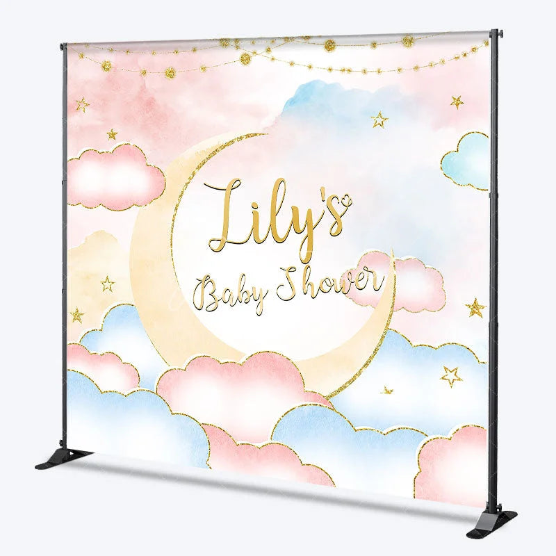 Aperturee - Aperturee Personalized Baby Shower Custom Backdrop Dreamy Pastel Pink and Blue with Gold Glitter Moon and Stars