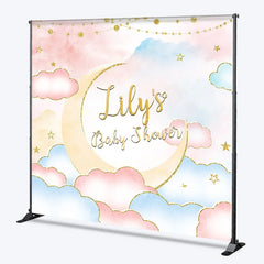 Aperturee - Aperturee Personalized Baby Shower Custom Backdrop Dreamy Pastel Pink and Blue with Gold Glitter Moon and Stars
