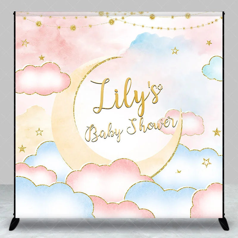 Aperturee - Aperturee Personalized Baby Shower Custom Backdrop Dreamy Pastel Pink and Blue with Gold Glitter Moon and Stars
