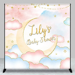 Aperturee - Aperturee Personalized Baby Shower Custom Backdrop Dreamy Pastel Pink and Blue with Gold Glitter Moon and Stars