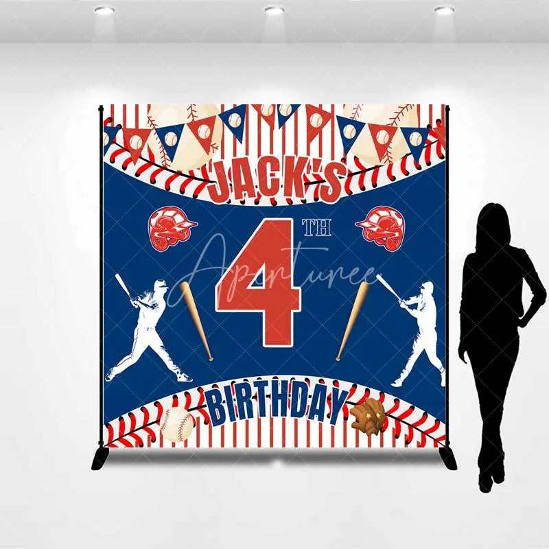 Aperturee - Aperturee Personalized Baseball Custom Birthday Backdrop Red Stripes Sports Theme Boys Party Photography Background