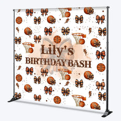 Aperturee - Aperturee Personalized Basketball and Bows Birthday Backdrop A Sweet Little All Star is on the Way Custom Name Sports Party