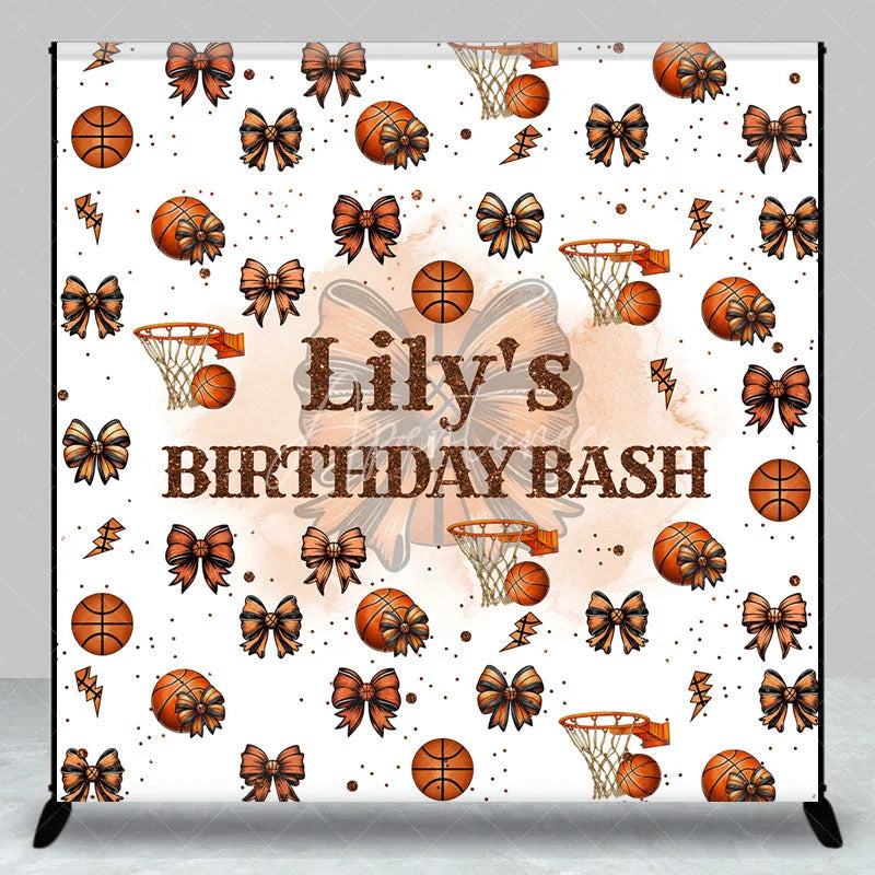 Aperturee - Aperturee Personalized Basketball and Bows Birthday Backdrop A Sweet Little All Star is on the Way Custom Name Sports Party