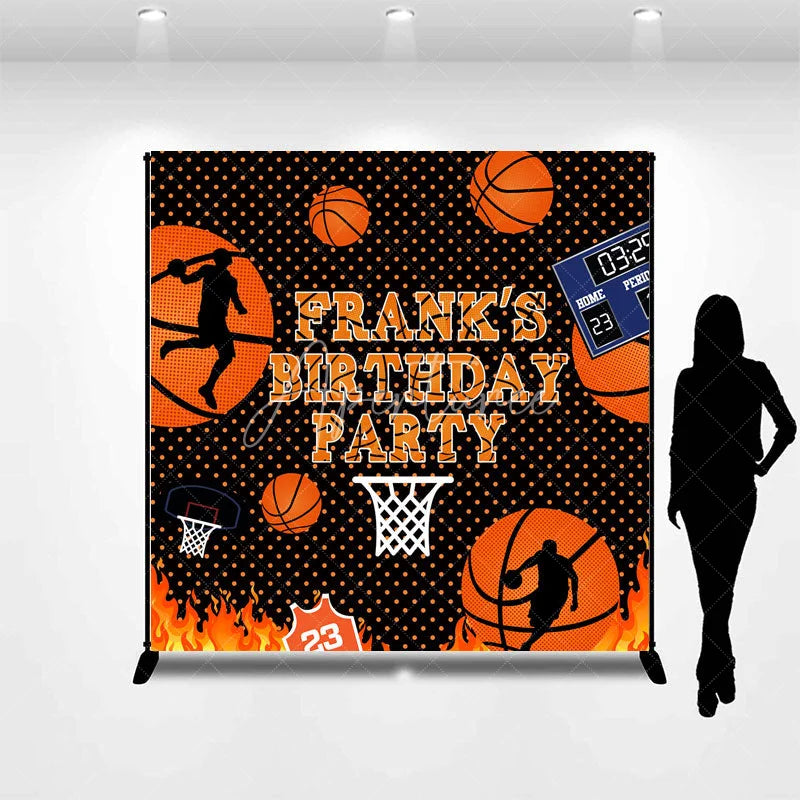 Aperturee - Aperturee Personalized Basketball Birthday Party Backdrop Slam Dunk with Flames and Scoreboard Custom Name Sports Theme Decor