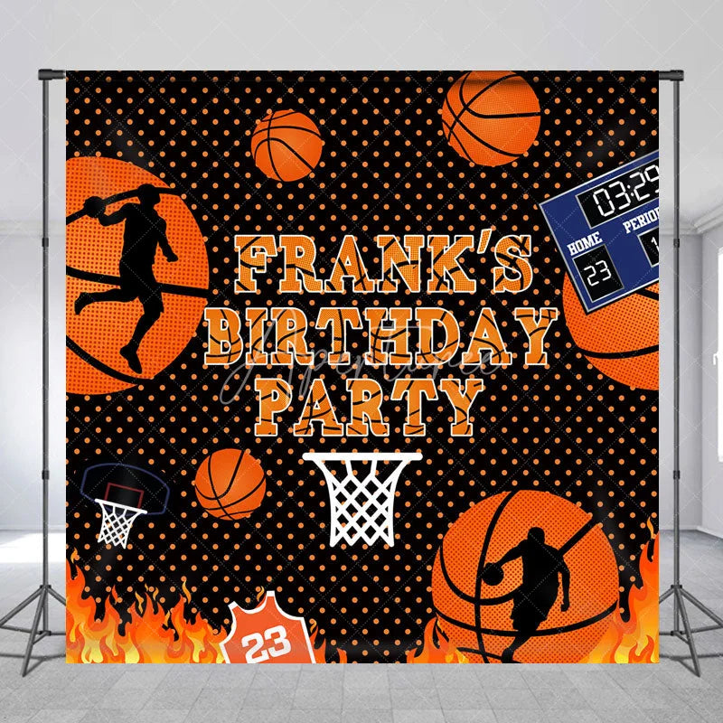 Aperturee - Aperturee Personalized Basketball Birthday Party Backdrop Slam Dunk with Flames and Scoreboard Custom Name Sports Theme Decor