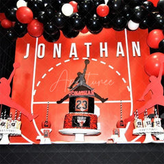 Aperturee - Aperturee Personalized Basketball Red Court Birthday Backdrop Custom Name and Number Sports Party Banner