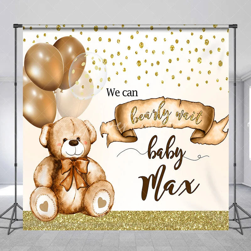 Aperturee - Aperturee Personalized Bearly Wait Baby Shower Backdrop Cute Teddy Bear and Gold Balloons Background Custom Name Nursery Decor