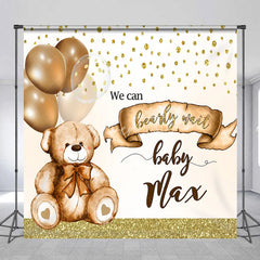 Aperturee - Aperturee Personalized Bearly Wait Baby Shower Backdrop Cute Teddy Bear and Gold Balloons Background Custom Name Nursery Decor
