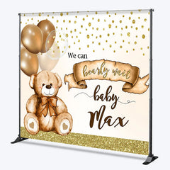 Aperturee - Aperturee Personalized Bearly Wait Baby Shower Backdrop Cute Teddy Bear and Gold Balloons Background Custom Name Nursery Decor