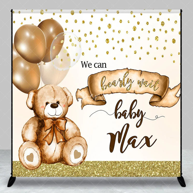 Aperturee - Aperturee Personalized Bearly Wait Baby Shower Backdrop Cute Teddy Bear and Gold Balloons Background Custom Name Nursery Decor