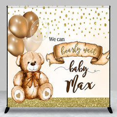 Aperturee - Aperturee Personalized Bearly Wait Baby Shower Backdrop Cute Teddy Bear and Gold Balloons Background Custom Name Nursery Decor