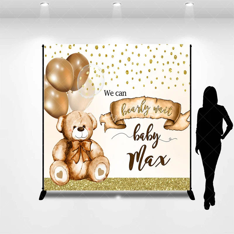 Aperturee - Aperturee Personalized Bearly Wait Baby Shower Backdrop Cute Teddy Bear and Gold Balloons Background Custom Name Nursery Decor