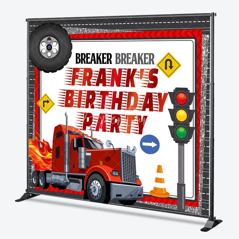 Aperturee - Aperturee Personalized Big Rig Truck Birthday Backdrop Breaker Breaker Transportation Theme Custom Name Party for Boy