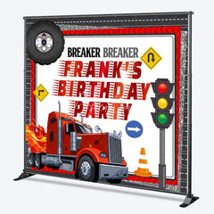 Aperturee - Aperturee Personalized Big Rig Truck Birthday Backdrop Breaker Breaker Transportation Theme Custom Name Party for Boy