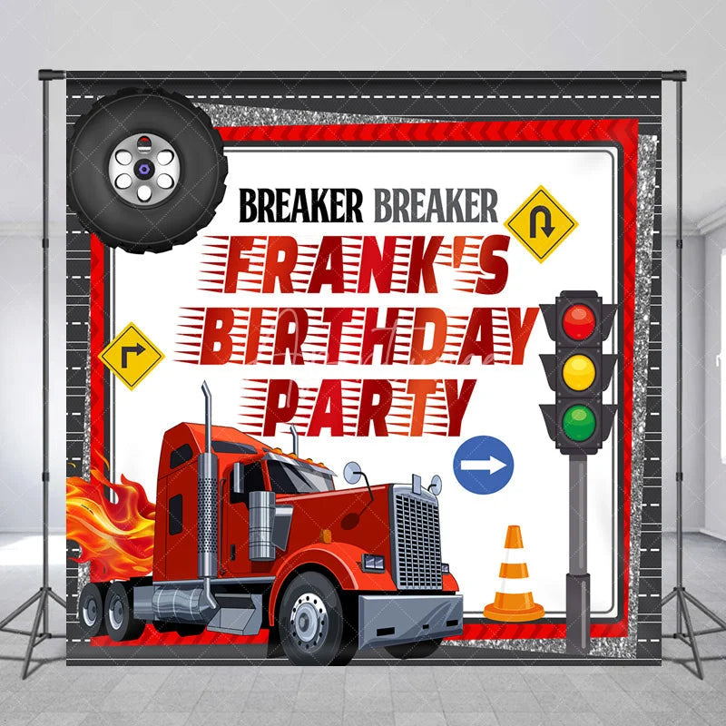 Aperturee - Aperturee Personalized Big Rig Truck Birthday Backdrop Breaker Breaker Transportation Theme Custom Name Party for Boy