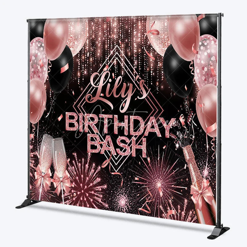 Aperturee - Aperturee Personalized Birthday Bash Backdrop Rose Gold Champagne and Balloons Background Custom Name Glamour Party Decor