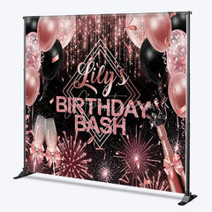 Aperturee - Aperturee Personalized Birthday Bash Backdrop Rose Gold Champagne and Balloons Background Custom Name Glamour Party Decor