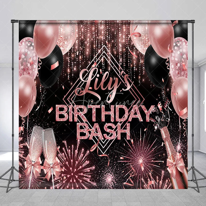 Aperturee - Aperturee Personalized Birthday Bash Backdrop Rose Gold Champagne and Balloons Background Custom Name Glamour Party Decor