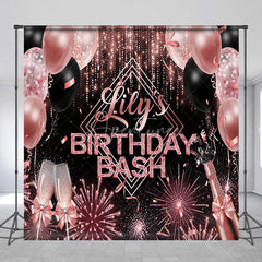 Aperturee - Aperturee Personalized Birthday Bash Backdrop Rose Gold Champagne and Balloons Background Custom Name Glamour Party Decor