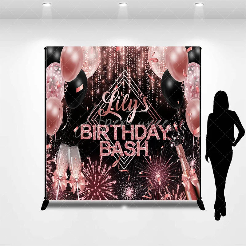 Aperturee - Aperturee Personalized Birthday Bash Backdrop Rose Gold Champagne and Balloons Background Custom Name Glamour Party Decor