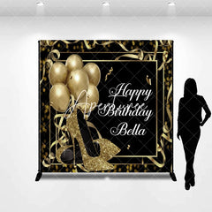 Aperturee - Aperturee Personalized Black and Gold Glitter High Heels Birthday Custom Backdrop Elegant Party Decor with Balloons