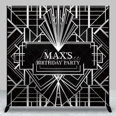 Aperturee - Aperturee Personalized Black and Silver Art Deco Custom Backdrop Geometric Gatsby Style Birthday Party Decor