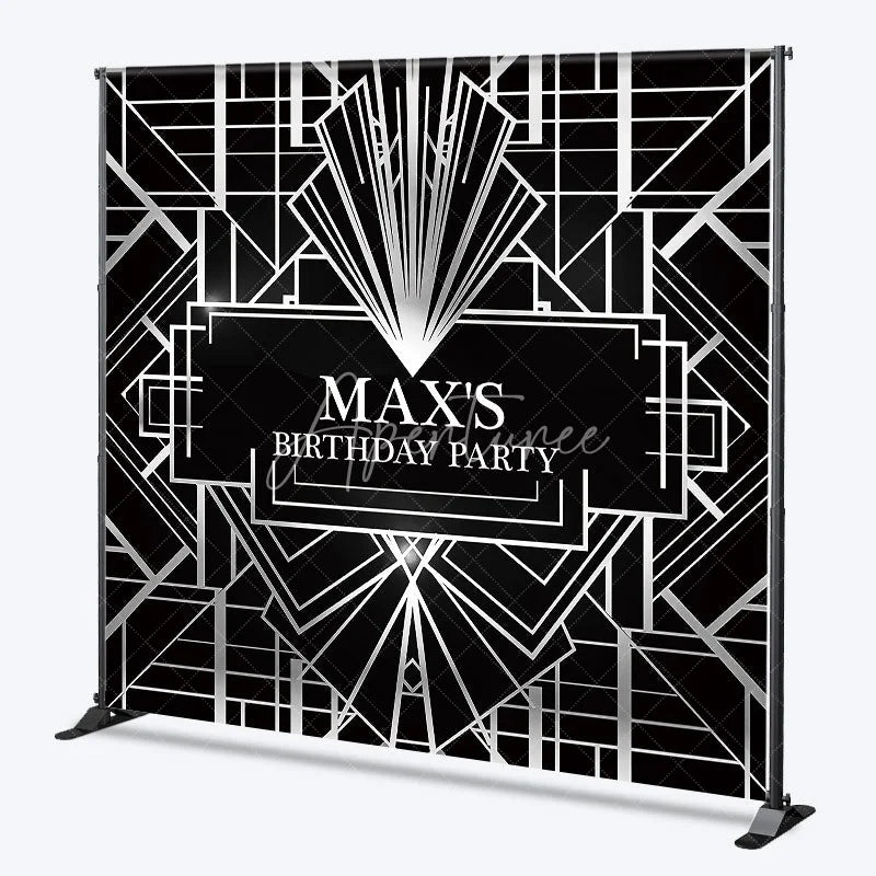 Aperturee - Aperturee Personalized Black and Silver Art Deco Custom Backdrop Geometric Gatsby Style Birthday Party Decor