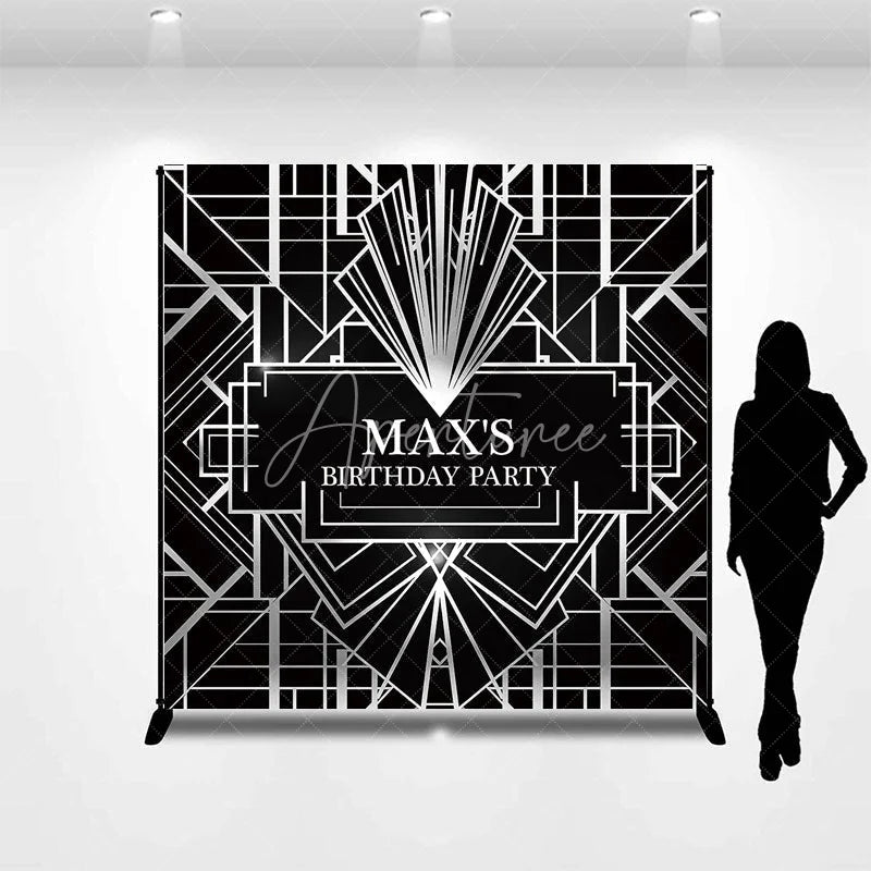 Aperturee - Aperturee Personalized Black and Silver Art Deco Custom Backdrop Geometric Gatsby Style Birthday Party Decor