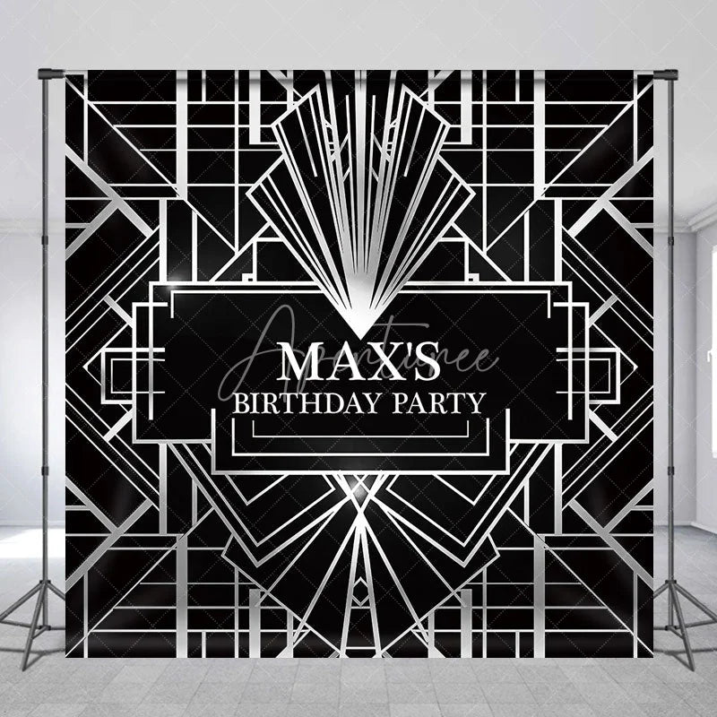Aperturee - Aperturee Personalized Black and Silver Art Deco Custom Backdrop Geometric Gatsby Style Birthday Party Decor