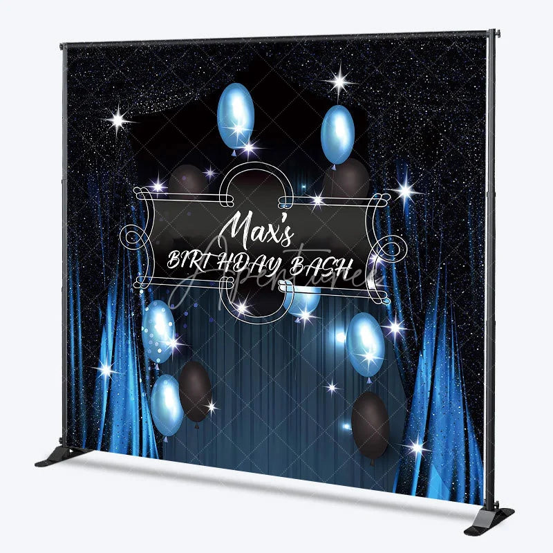 Aperturee - Aperturee Personalized Blue and Black Birthday Bash Backdrop Custom Name Sparkling Balloon Party Banner