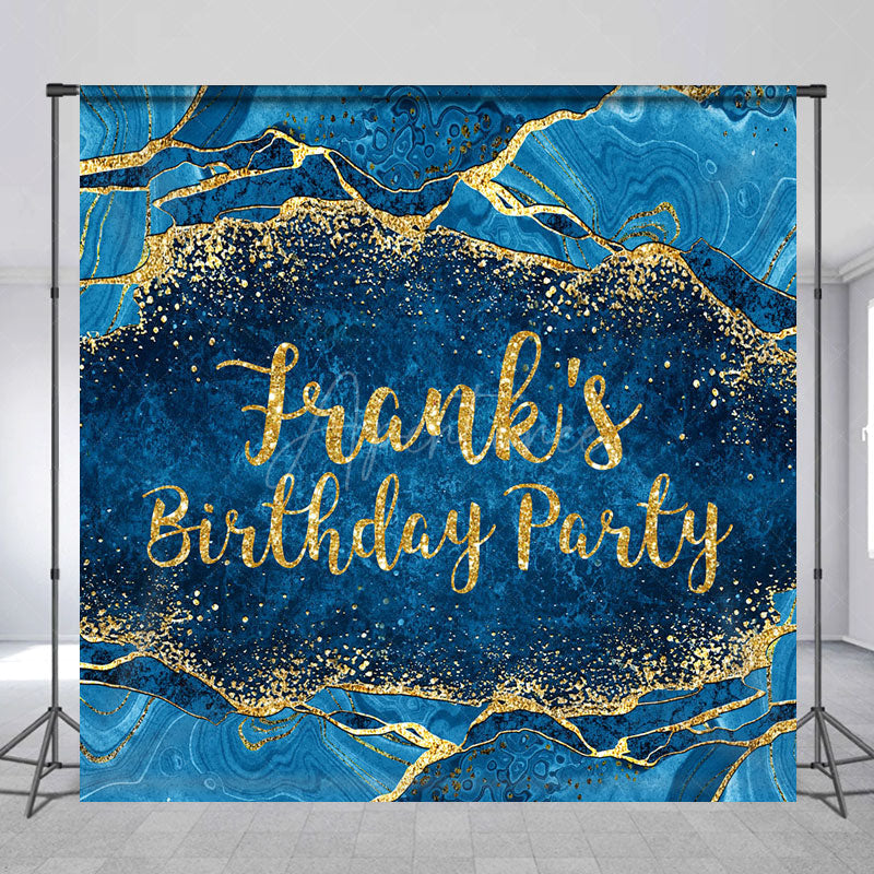 Aperturee - Aperturee Personalized Blue and Gold Agate Birthday Backdrop Elegant Marble Texture Custom Name Party Photo Booth Decor