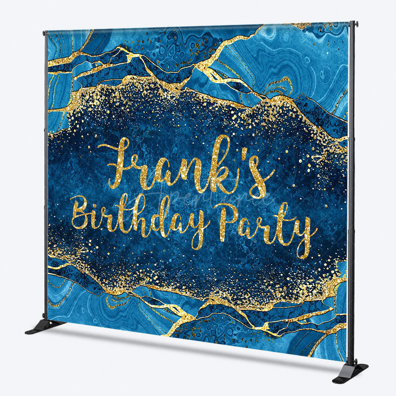 Aperturee - Aperturee Personalized Blue and Gold Agate Birthday Backdrop Elegant Marble Texture Custom Name Party Photo Booth Decor