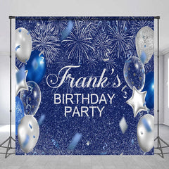 Aperturee - Aperturee Personalized Blue and Silver Birthday Backdrop Glitter Balloons and Fireworks Custom Name Party Photo Booth