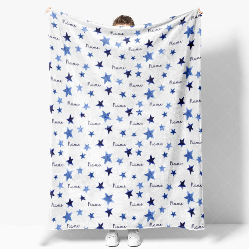 Aperturee - Aperturee Personalized Blue Starry Night Blanket with Custom Name Watercolor Stars for Baby Boy Nursery Decor Gift