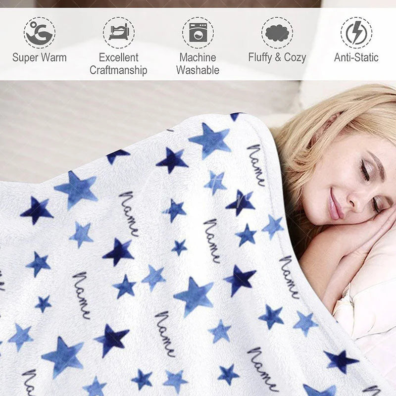 Aperturee - Aperturee Personalized Blue Starry Night Blanket with Custom Name Watercolor Stars for Baby Boy Nursery Decor Gift