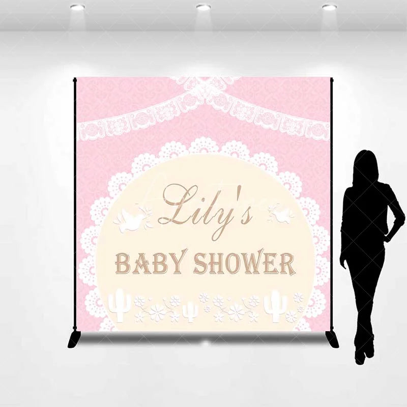Aperturee - Aperturee Personalized Boho Pink Lace Baby Shower Backdrop Elegant Doves and Cactus Floral Party Decoration