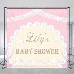Aperturee - Aperturee Personalized Boho Pink Lace Baby Shower Backdrop Elegant Doves and Cactus Floral Party Decoration