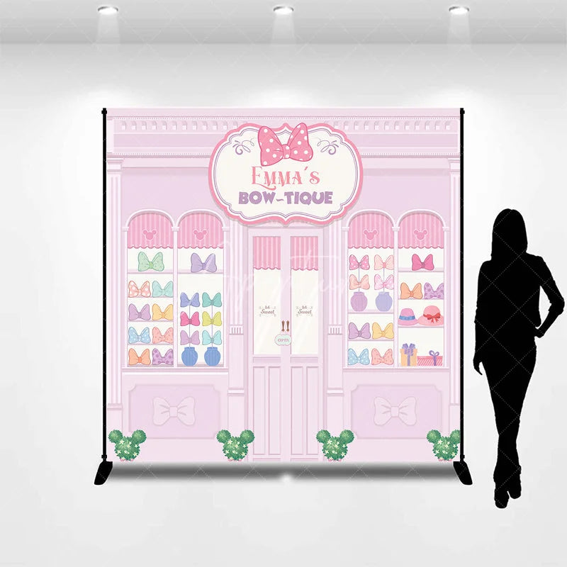 Aperturee - Aperturee Personalized Bow-Tique Birthday Backdrop Pink Mouse Ears and Bows Shop Custom Name Cartoon Party Photo Booth