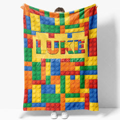 Aperturee - Aperturee Personalized Building Blocks Blanket with Custom Name Colorful Bricks for Boys Kids Room Playroom Decor