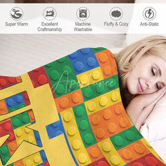 Aperturee - Aperturee Personalized Building Blocks Blanket with Custom Name Colorful Bricks for Boys Kids Room Playroom Decor