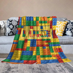 Aperturee - Aperturee Personalized Building Blocks Blanket with Custom Name Colorful Bricks for Boys Kids Room Playroom Decor