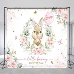 Aperturee - Aperturee Personalized Bunny Baby Shower Backdrop Pink Floral Rabbit and Greenery Girl Birthday Party Background