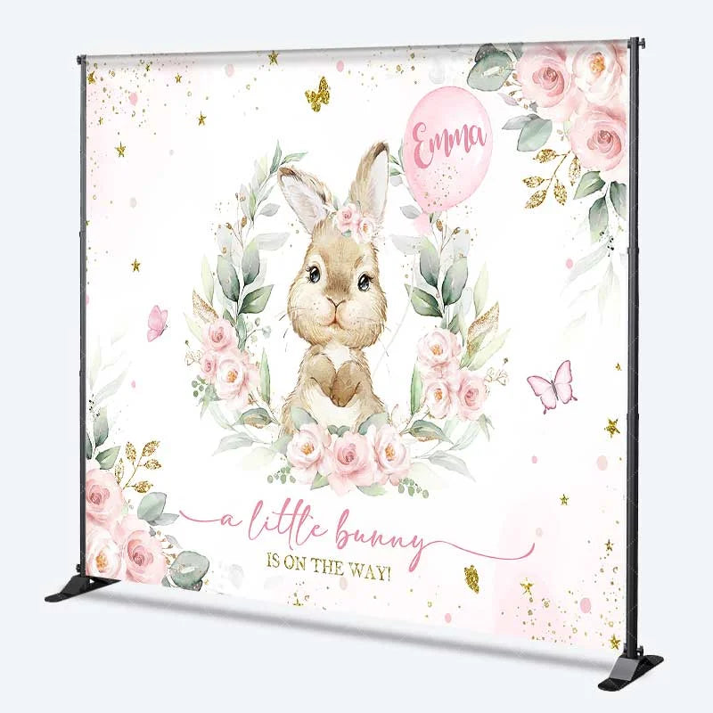 Aperturee - Aperturee Personalized Bunny Baby Shower Backdrop Pink Floral Rabbit and Greenery Girl Birthday Party Background