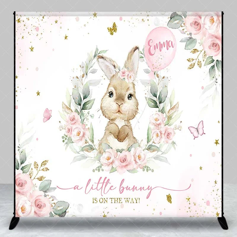Aperturee - Aperturee Personalized Bunny Baby Shower Backdrop Pink Floral Rabbit and Greenery Girl Birthday Party Background