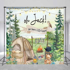 Aperturee - Aperturee Personalized Camping Theme Backdrop Here Comes a Little Camper Forest Adventure Baby Shower Decoration
