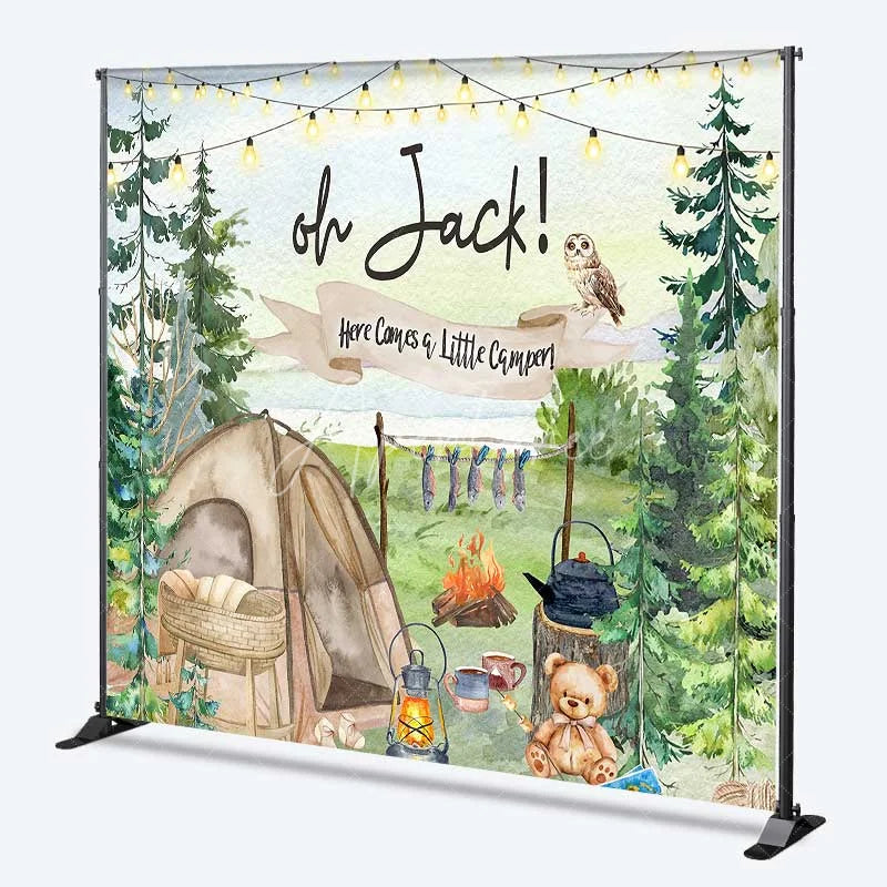 Aperturee - Aperturee Personalized Camping Theme Backdrop Here Comes a Little Camper Forest Adventure Baby Shower Decoration