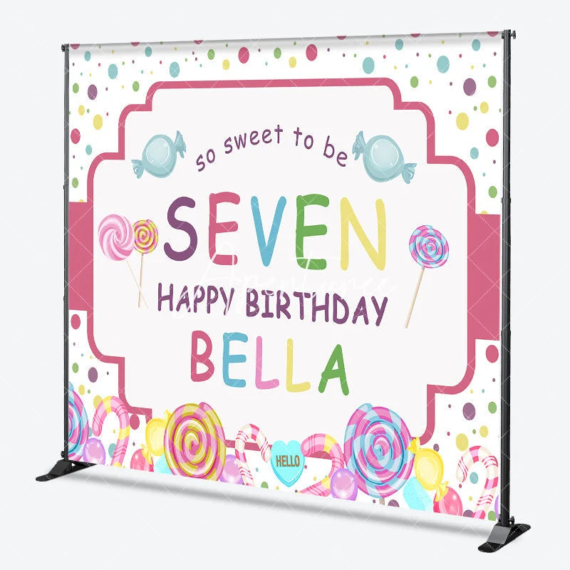 Aperturee - Aperturee Personalized Candy Land 7th Birthday Custom Backdrop Sweet Lollipops and Polka Dots Party Decor